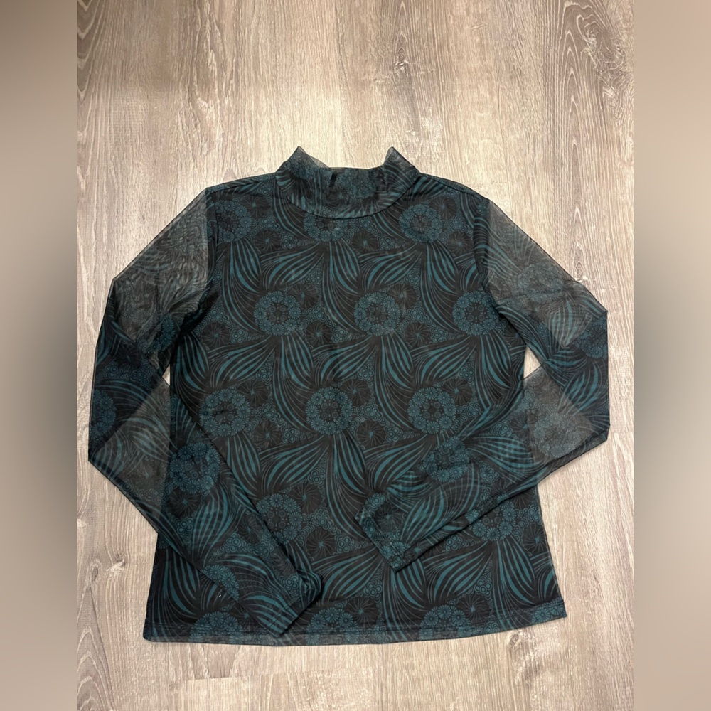 Women's Anthropologie Sheer Green and Black Floral Blouse- Size Small- Pre-owned